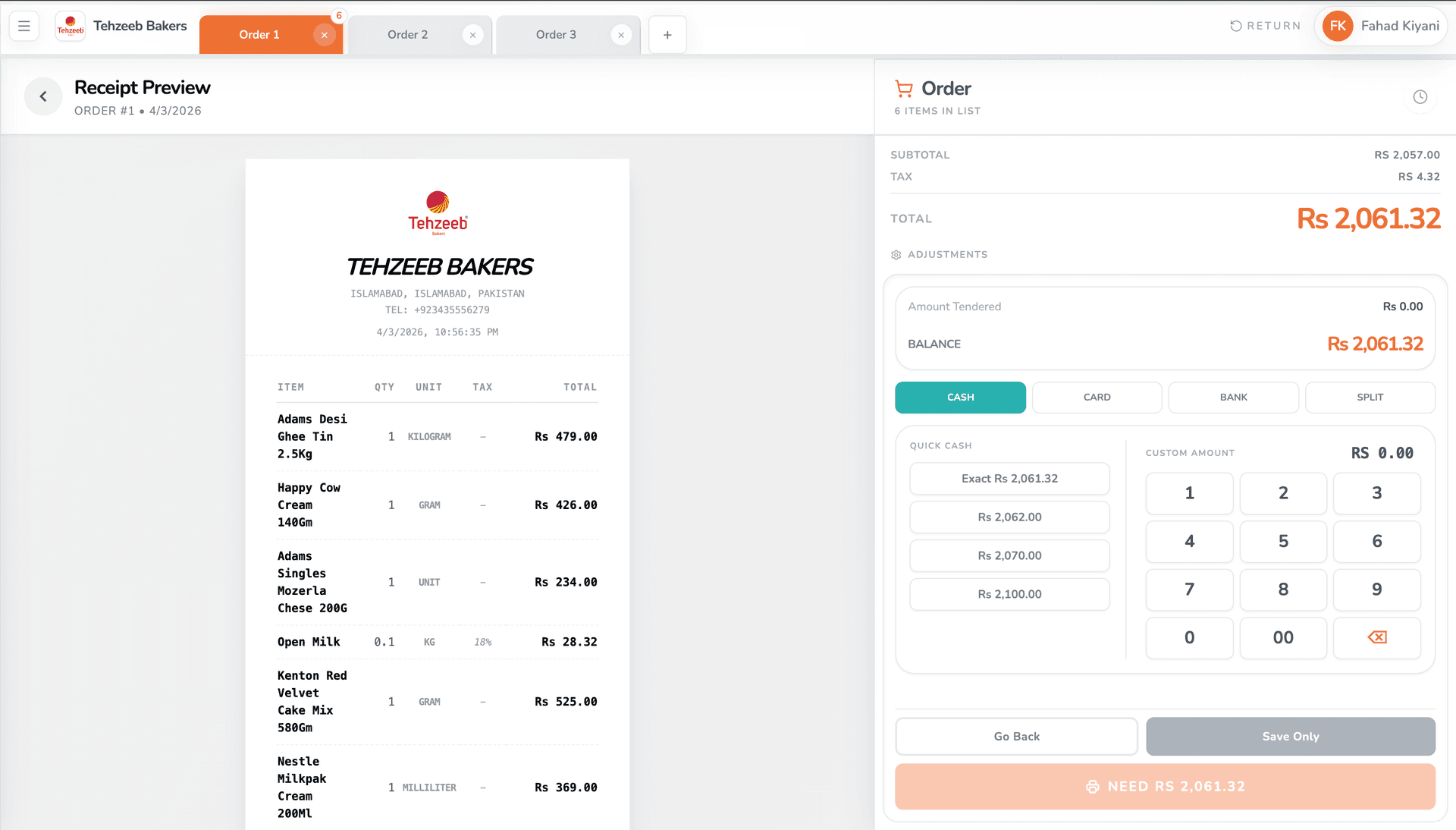 PillarNex POS checkout screen showing order total, payment methods and real-time transaction processing