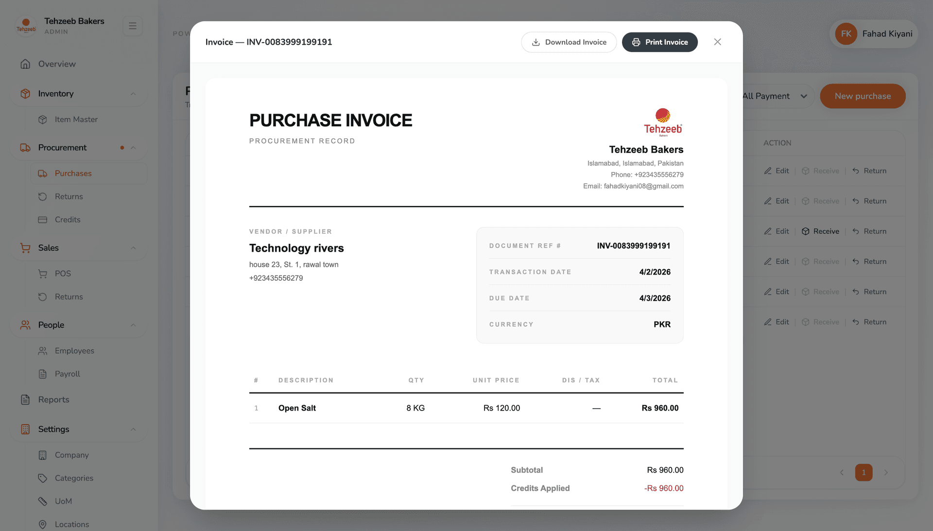 PillarNex procurement — purchase invoice modal showing order details and line items