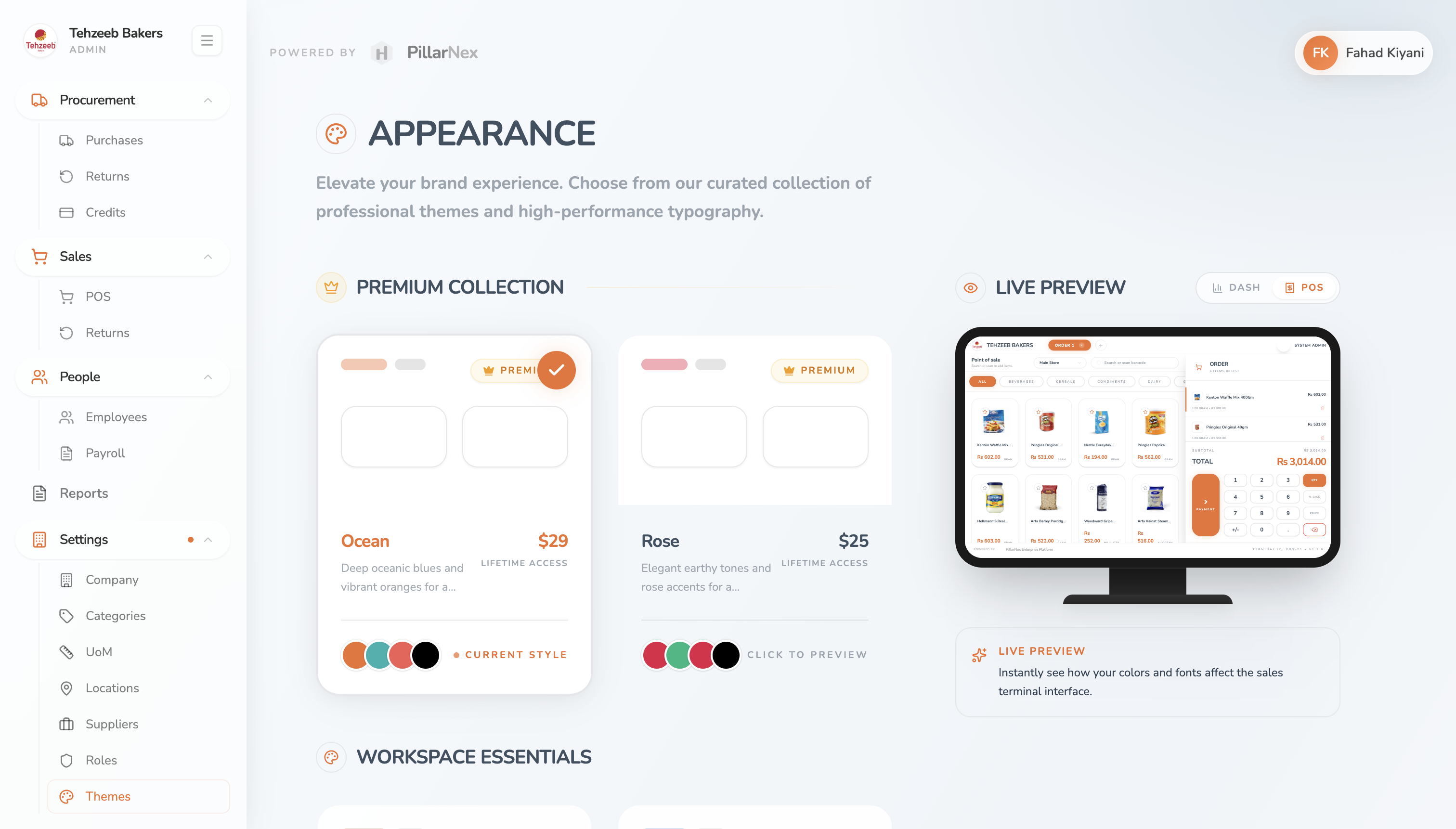PillarNex Ocean theme — live preview of the theme customisation screen