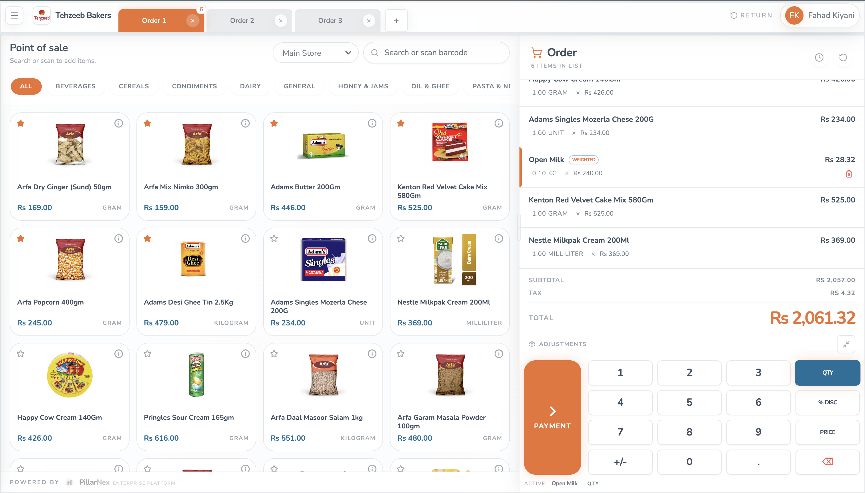 PillarNex POS product screen in Ocean theme